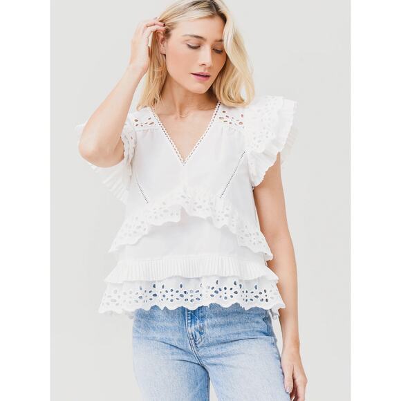 HUNTER BELL Tops - Hunter Bell Carlton Eyelet V-Neck Double Ruffle Sleeve Top White Size Medium